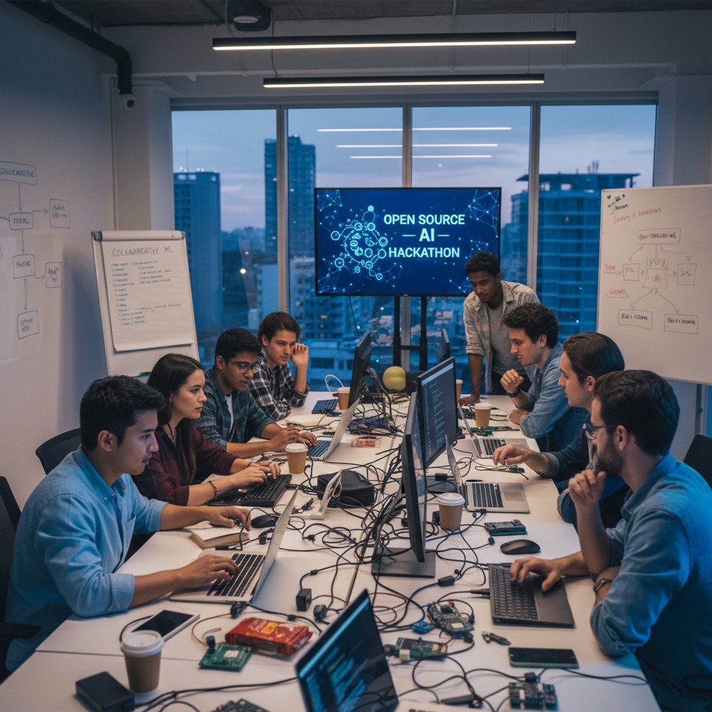 Młodzi aktywiści podczas hackathonu pracujący nad chatbotem open source