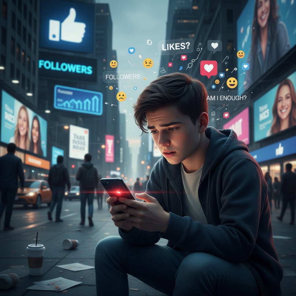 Współczesna młodzież z telefonem, media społecznościowe, presja idealizacji.