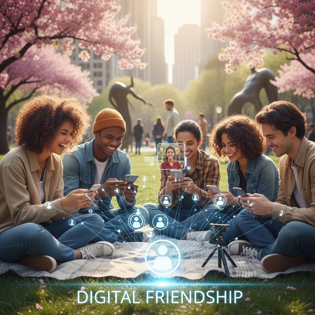 Młodzież w miejskim parku, każdy z telefonem w dłoni, rozmawiająca przez aplikacje – obrazek odzwierciedlający boom na kumpli online