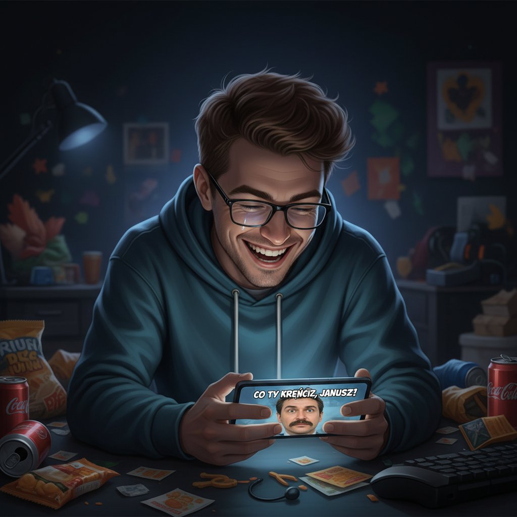 Młodzież ogląda na smartfonie viralowego mema o Januszu