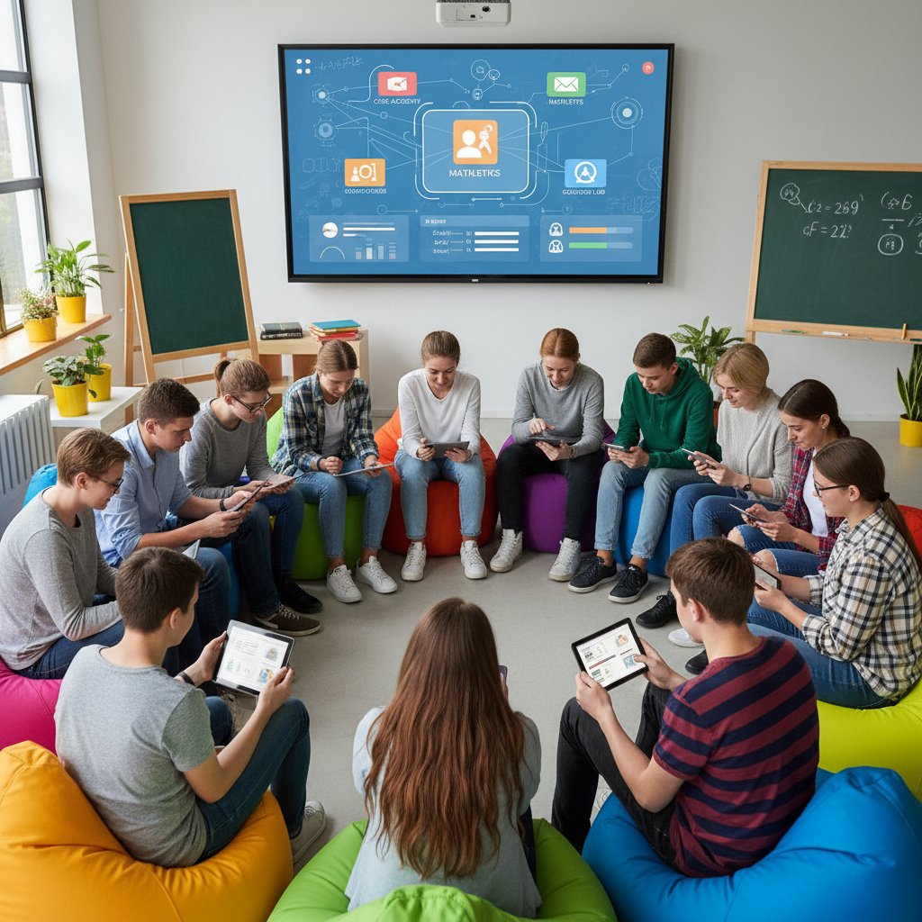 Grupa młodzieży korzystająca z różnych urządzeń, na ekranach widoczne aplikacje edukacyjne, atmosfera współpracy