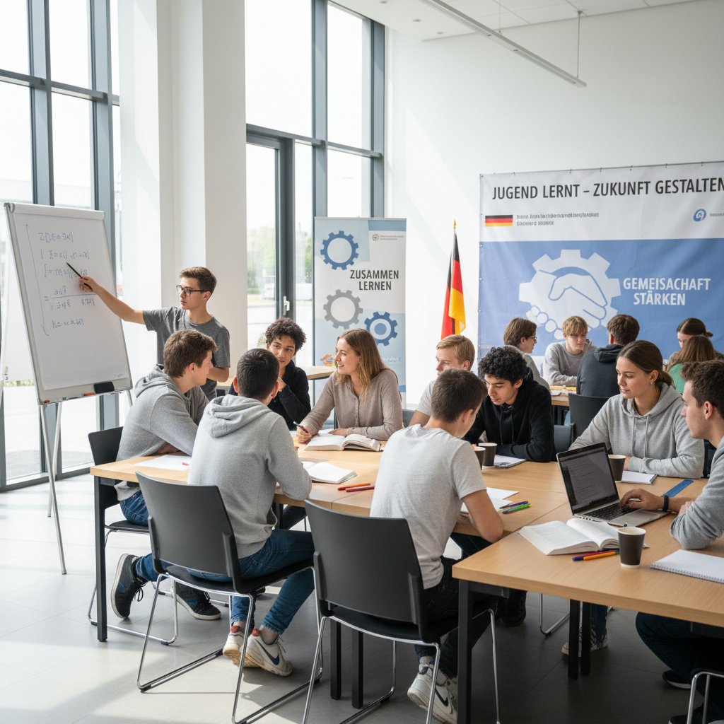 Kleine Lerngruppe im Jugendzentrum, gemeinsames Lernen, Offline-Nachhilfe, soziale Interaktion