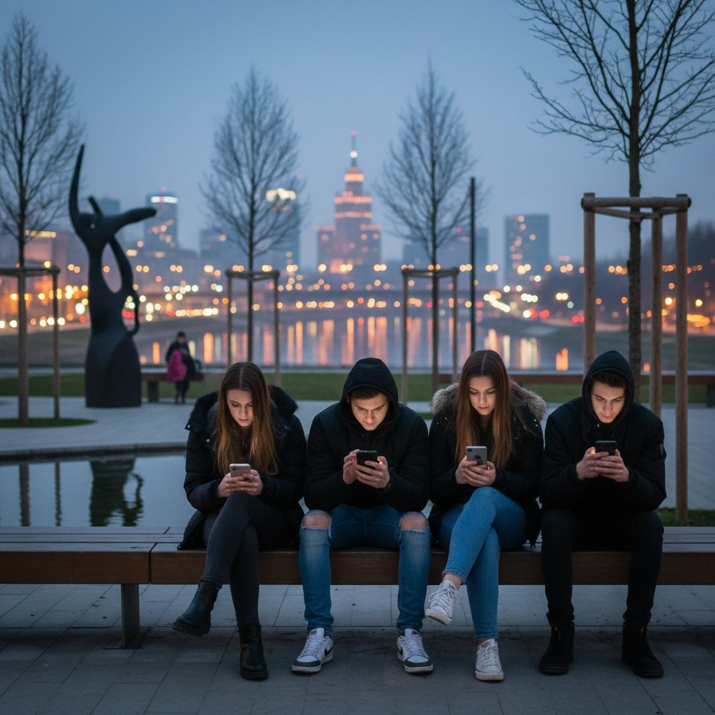 Młodzież siedząca w miejskim parku, każdy z telefonem, rozmawiający online, wieczorne światła Warszawy