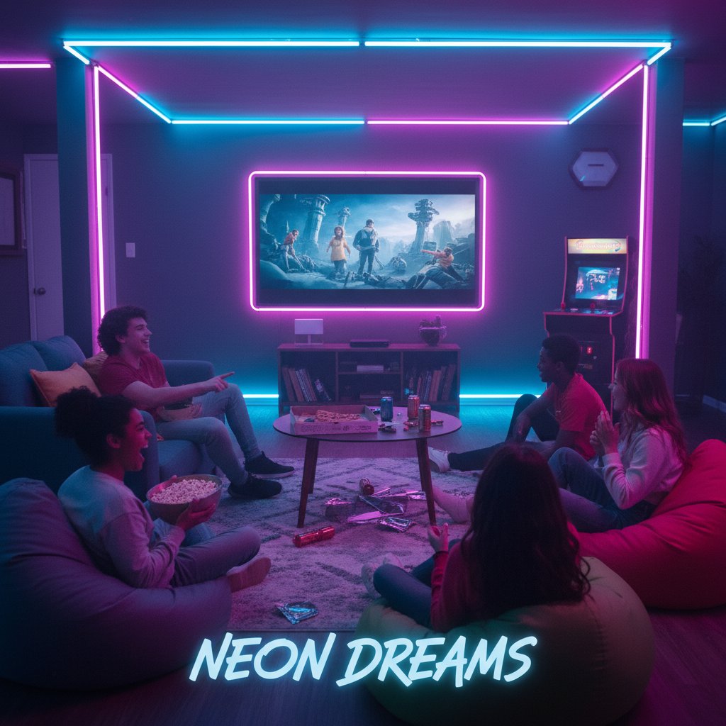 Group of friends sprawled on a couch, mid-laughter, with neon lights in the background, watching a youth movie marathon