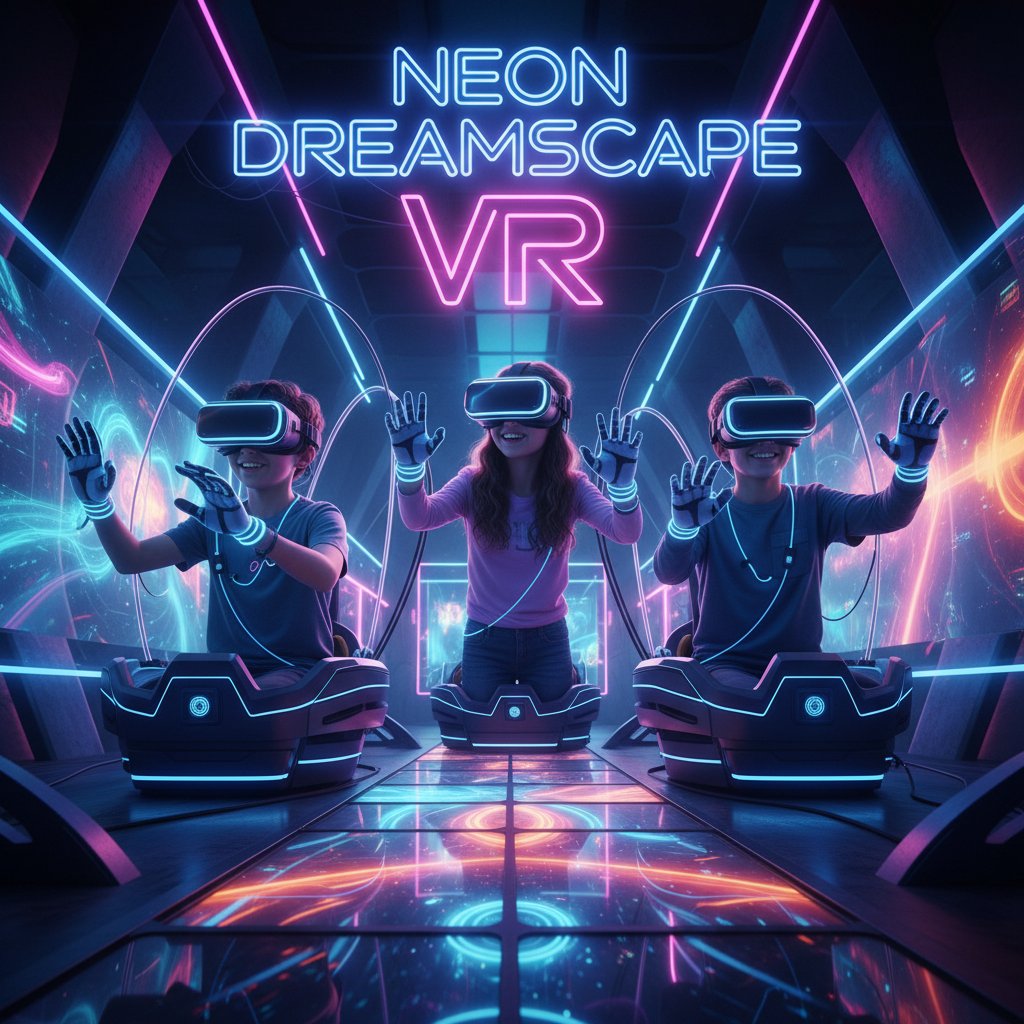 Young audience wearing VR headsets, bathed in neon light, deeply immersed in a youth movie experience