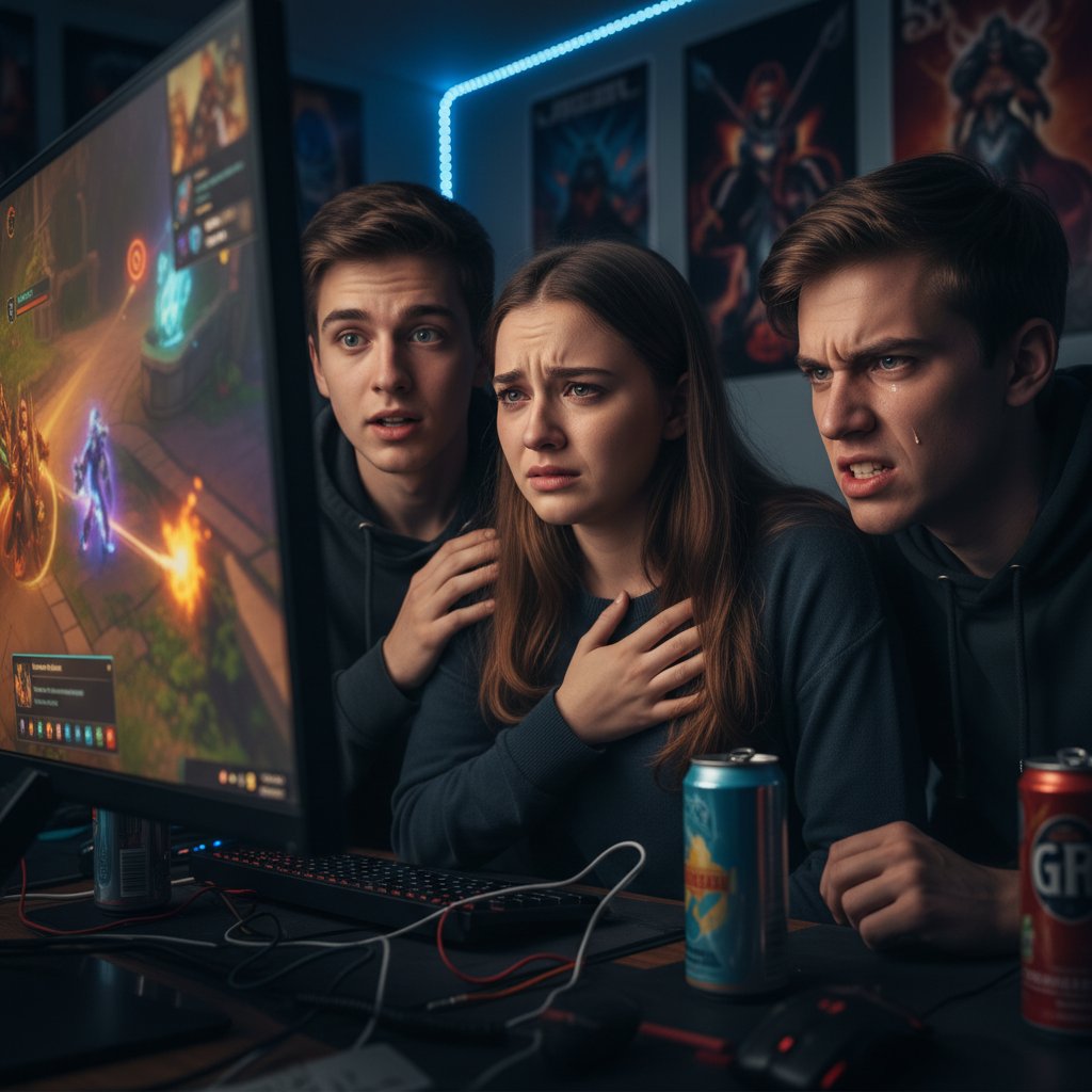 Młodzi ludzie grający w gry online, wpatrzeni w ekrany, twarze wyrażające głębokie emocje, słowa kluczowe: gry online, wrażliwość emocjonalna