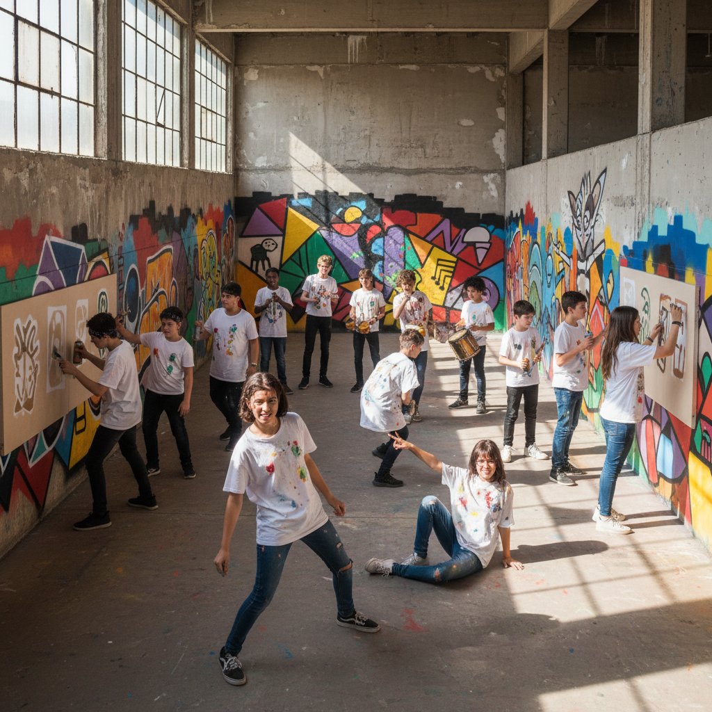 Młodzież podczas warsztatów o równości z muralami w tle