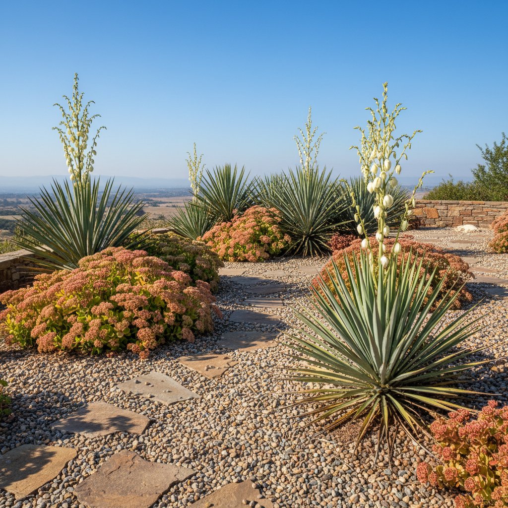 Zbliżenie na kwitnącą jukę nitkowatą i rozchodnika ostrego na żwirowej rabacie pod słońcem