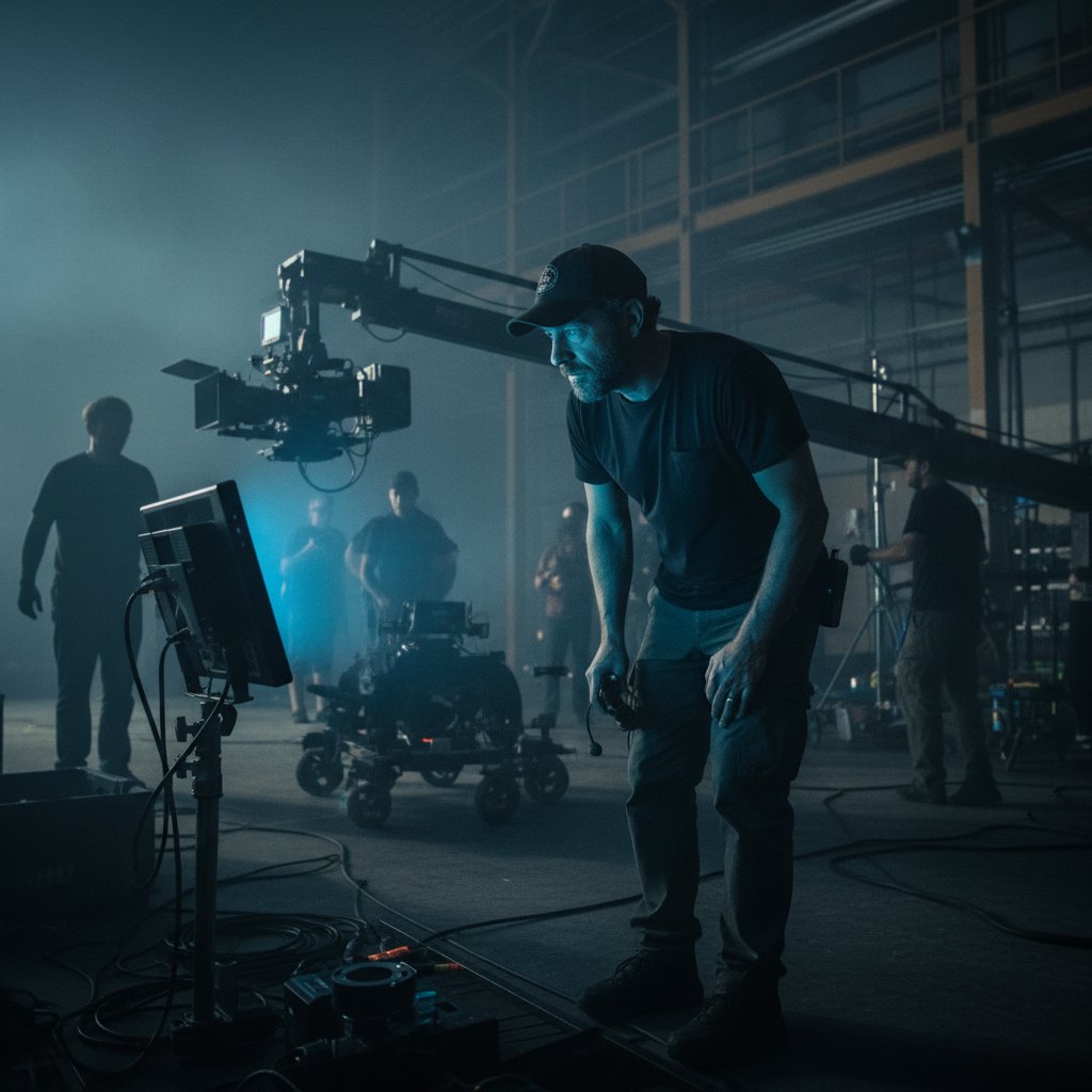 Zack Snyder directing with intense focus on a dark, moody set, film crew in background, high-contrast lighting