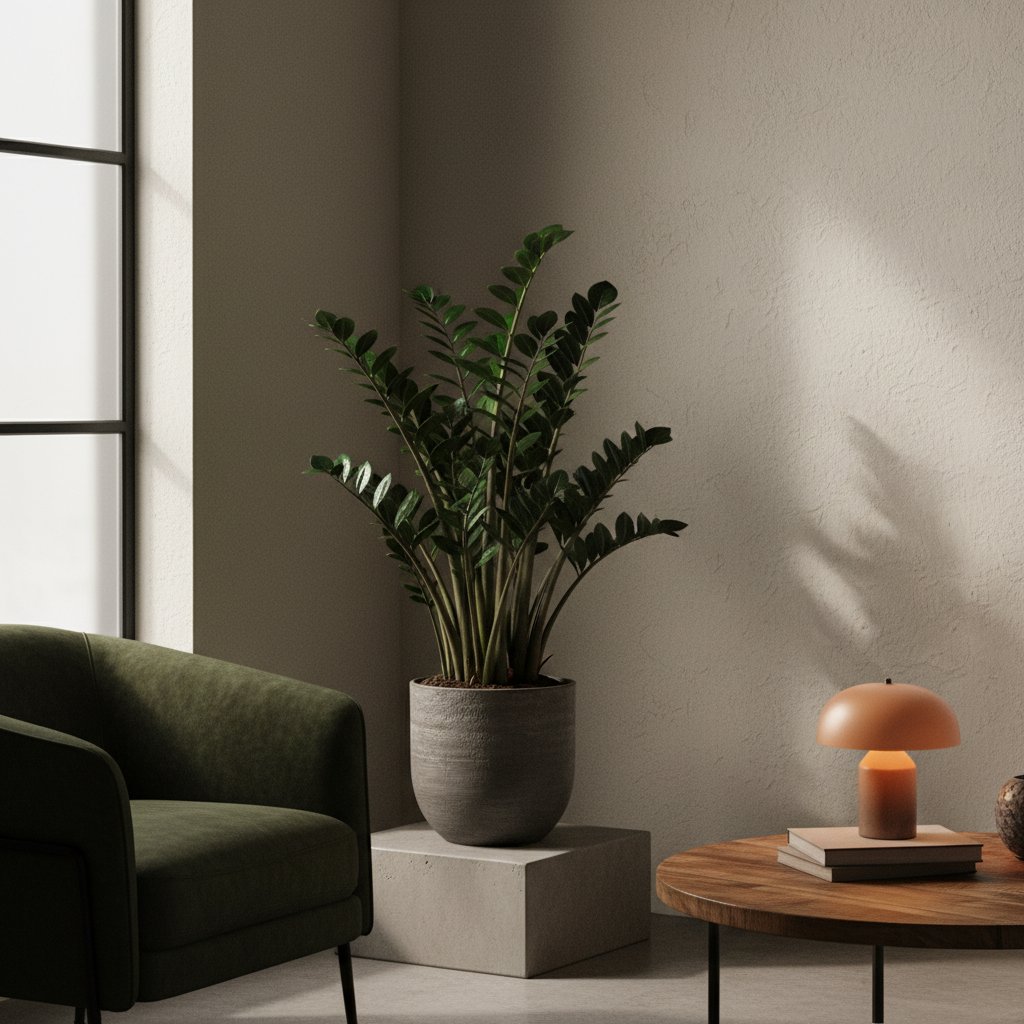 Zamiokulkas w ciemnym kącie mieszkania, widoczne liście błyszczące, kontrast światła