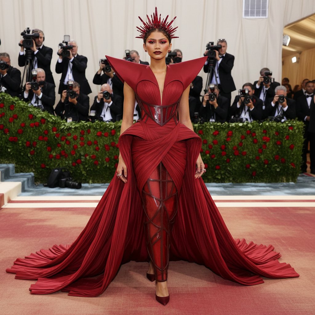 Zendaya in bold, avant-garde outfit at film premiere, red carpet chaos