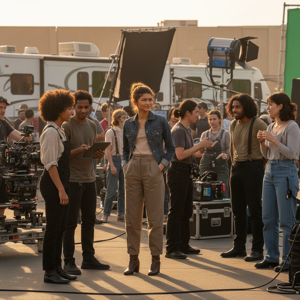 Zendaya surrounded by a diverse cast on film set