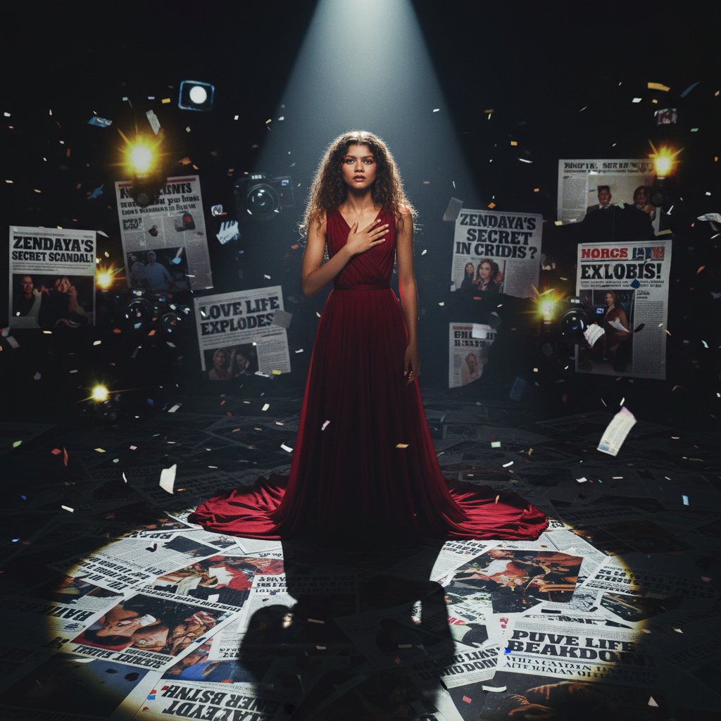 Zendaya in dramatic spotlight, surrounded by tabloid headlines