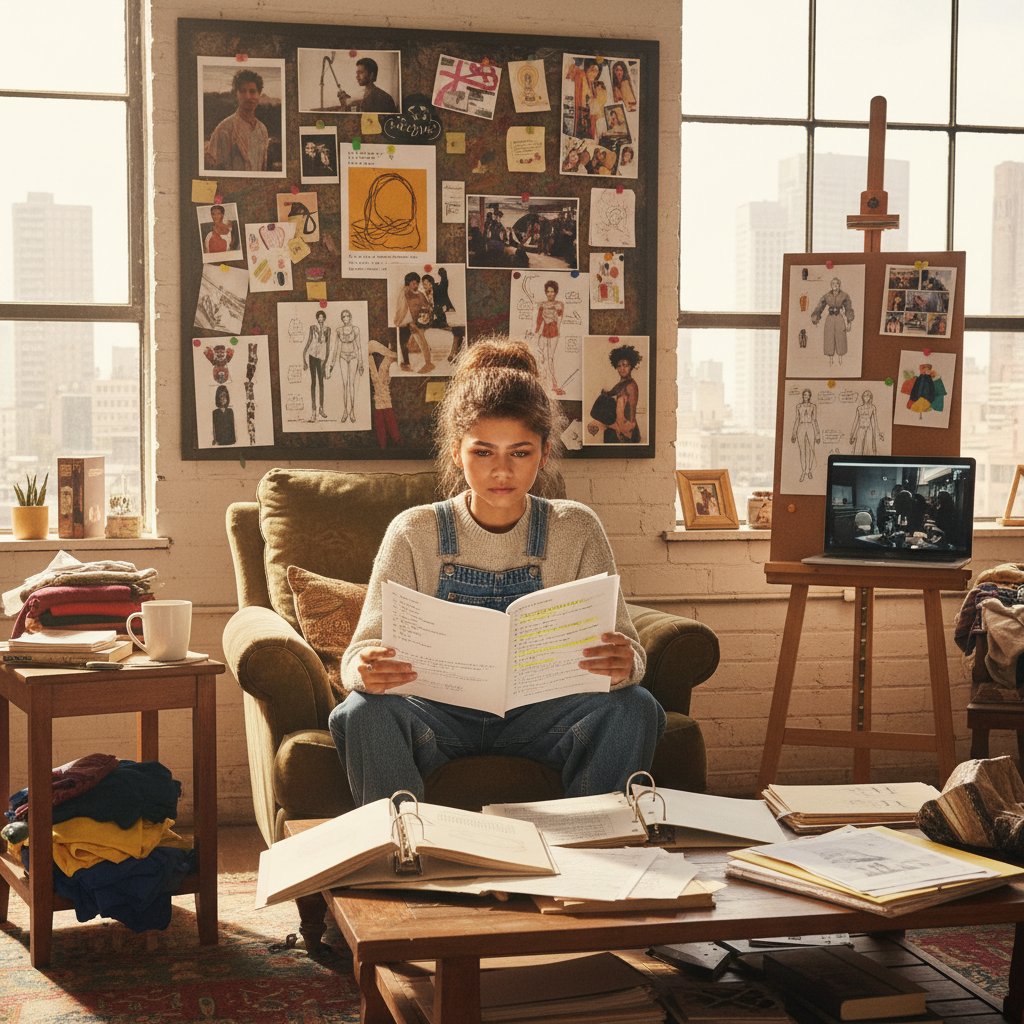 Zendaya in rehearsal surrounded by scripts, vision boards, and coffee cups