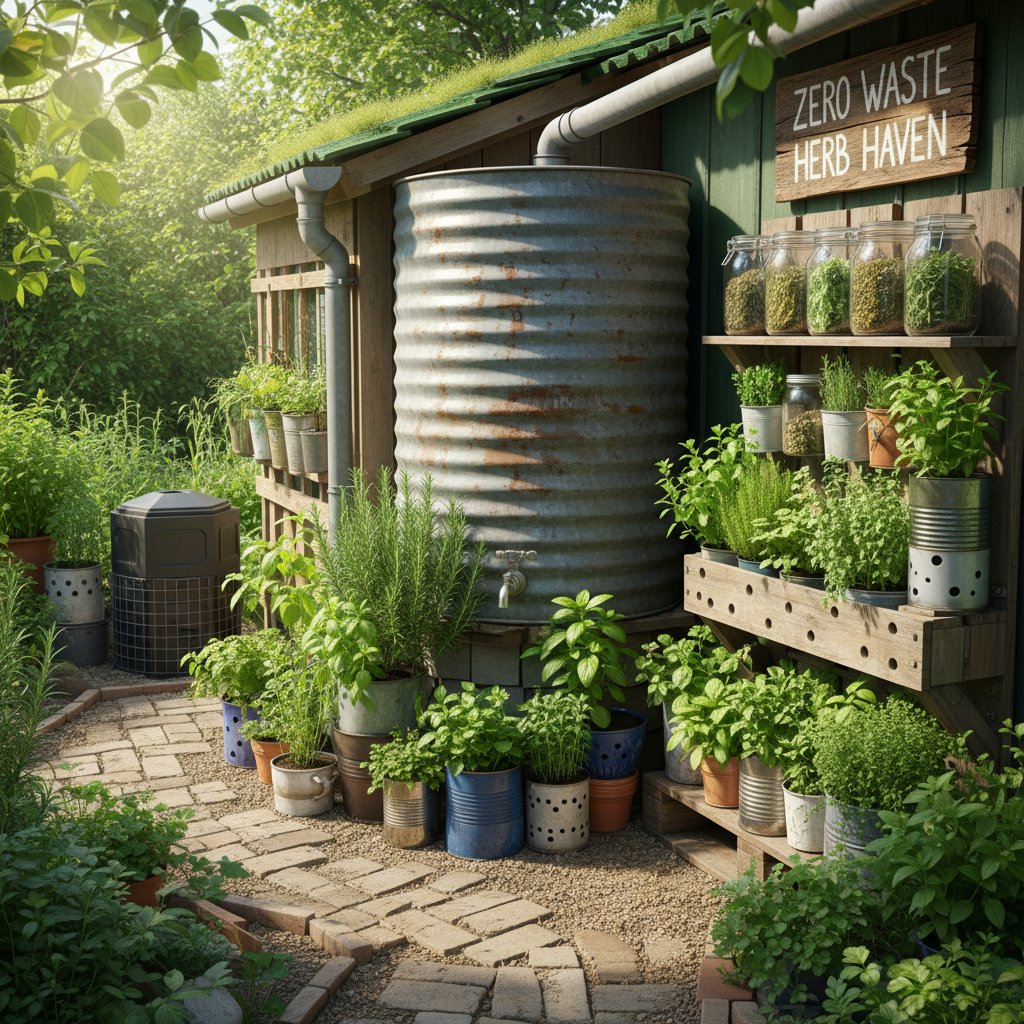 Przykład zero waste – zioła w doniczkach z recyklingu i zbiornik na deszczówkę