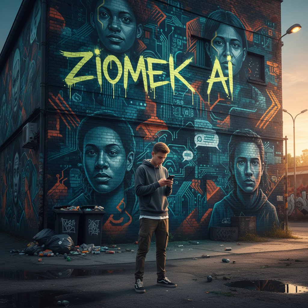 Logo ziomek.ai na tle miejskiego muralu, młodzi Polacy rozmawiający ze smartfonami