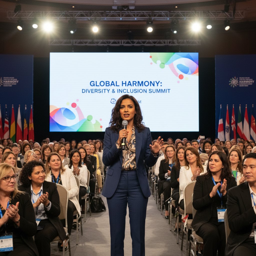 Candid shot of Zoe Saldana speaking at a diversity summit with an energetic audience, diversity and inclusion context