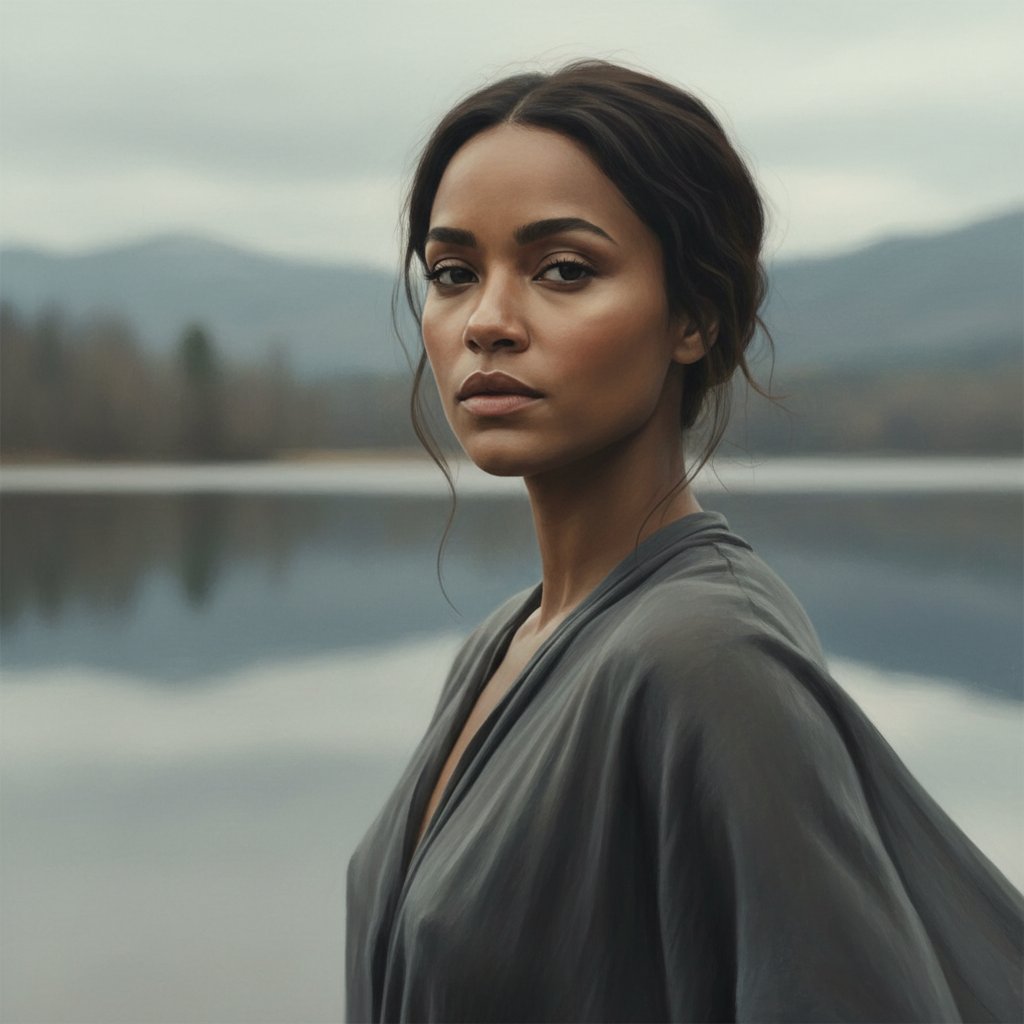 Moody, symbolic portrait of Zoe Saldana in a reflective pose, muted color scheme, controversy context