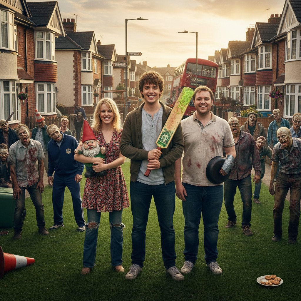 Zombie comedy scene, British suburbs, friends with cricket bat, edgar wright movies legacy