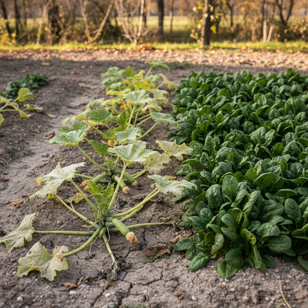 Grządka z cukinią na piaszczystej glebie, rośliny wyraźnie słabsze, obok dorodny szpinak jesienią