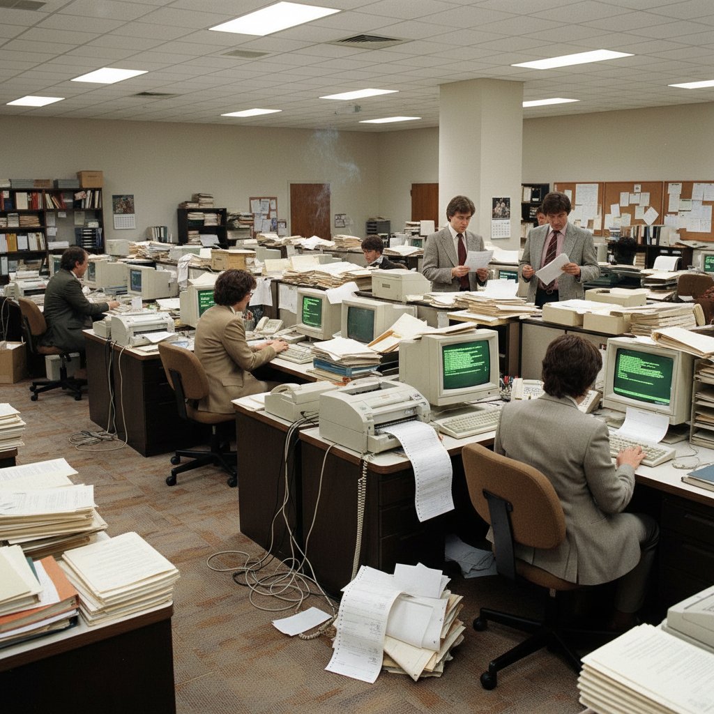 1980s office filled with early computers and paper documents; retro, grainy photo