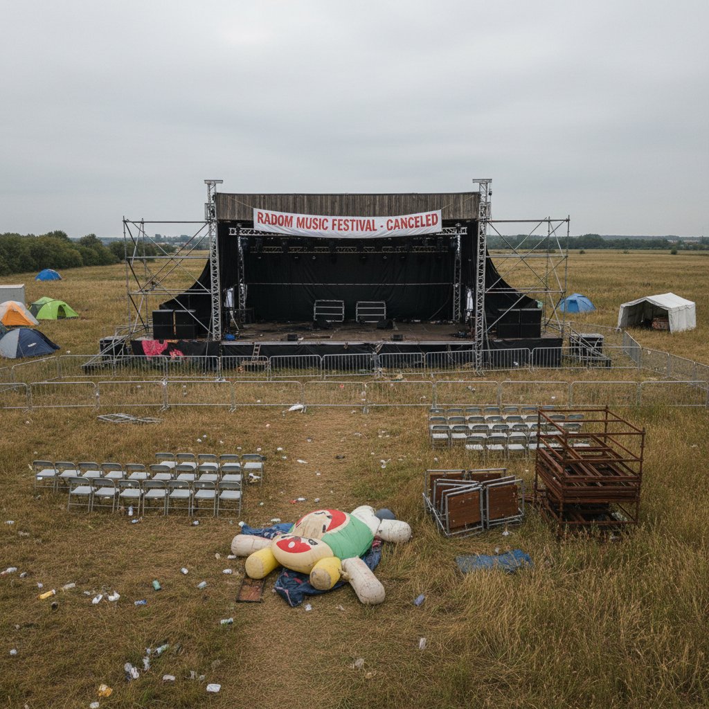 Opuszczona scena festiwalowa po odwołanym wydarzeniu, Radom, pustka i niedosyt