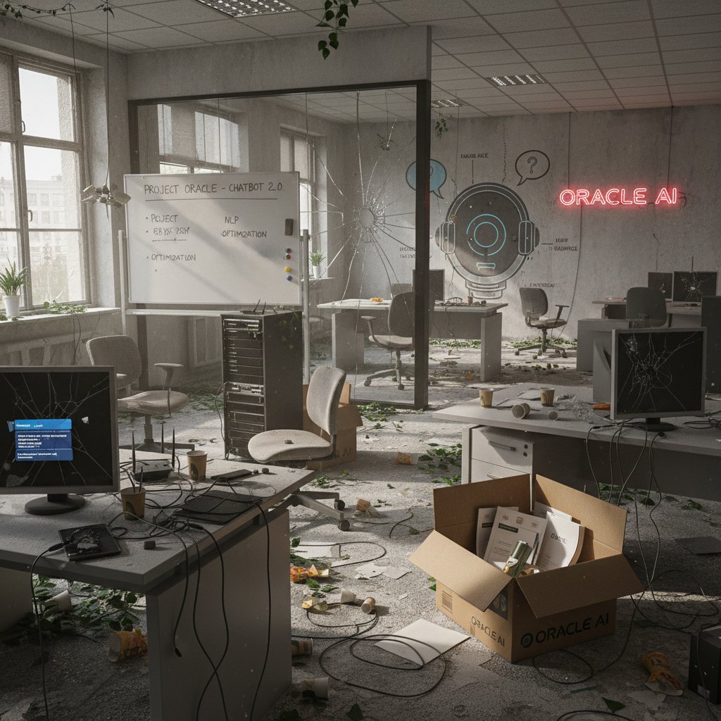 Abandoned office space with defunct tech equipment, illustrating failed AI chatbot startups and industry casualties