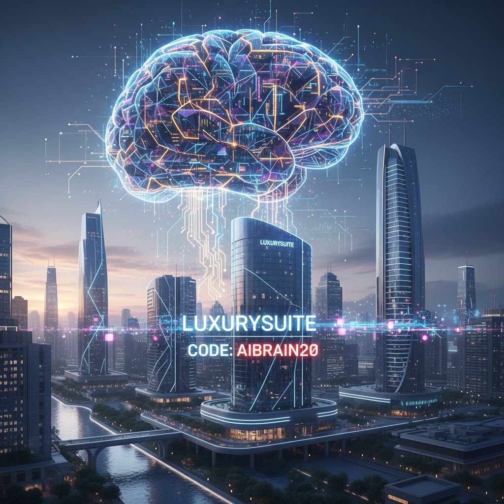 Abstract AI brain overlayed on hotel cityscape, futuristic energy, promo code hotel booking innovation