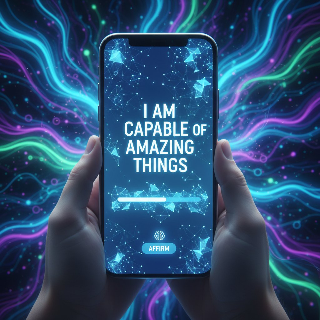 Nowoczesne elementy sztucznej inteligencji i smartfon z aplikacją afirmacyjną – symbol przyszłości cyfrowych afirmacji