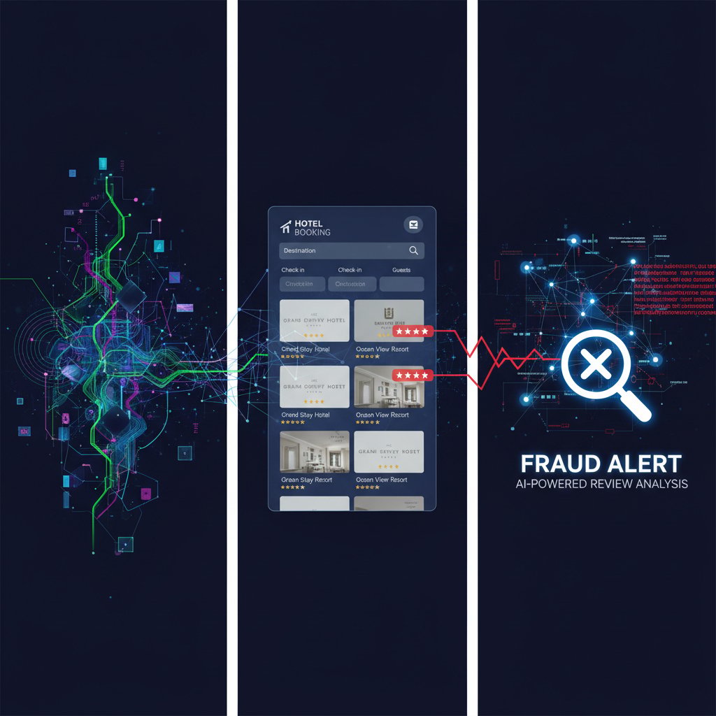 Abstract data streams and code overlaying a hotel booking interface, symbolizing fake review detection technology
