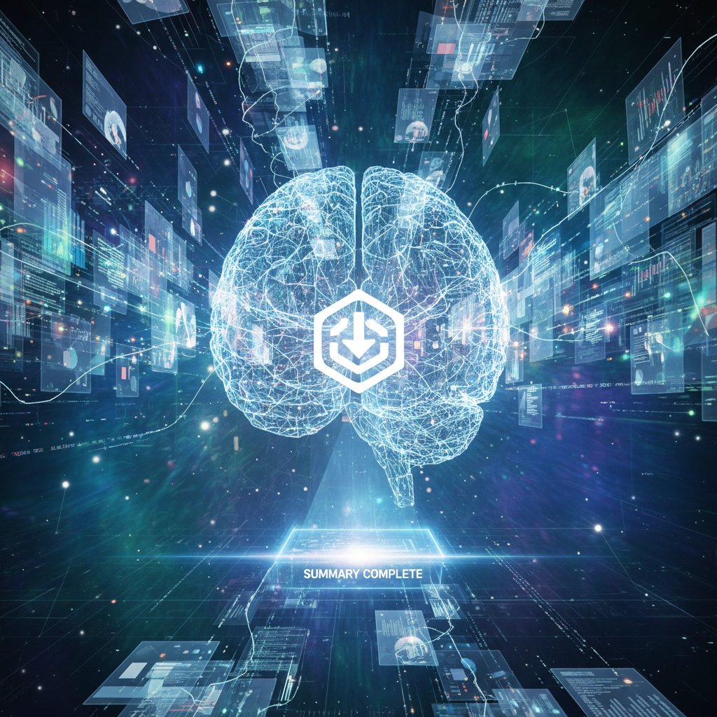 Abstract data streams visually overwhelming a human brain, representing analyst information overload, document summarizer for market analysts