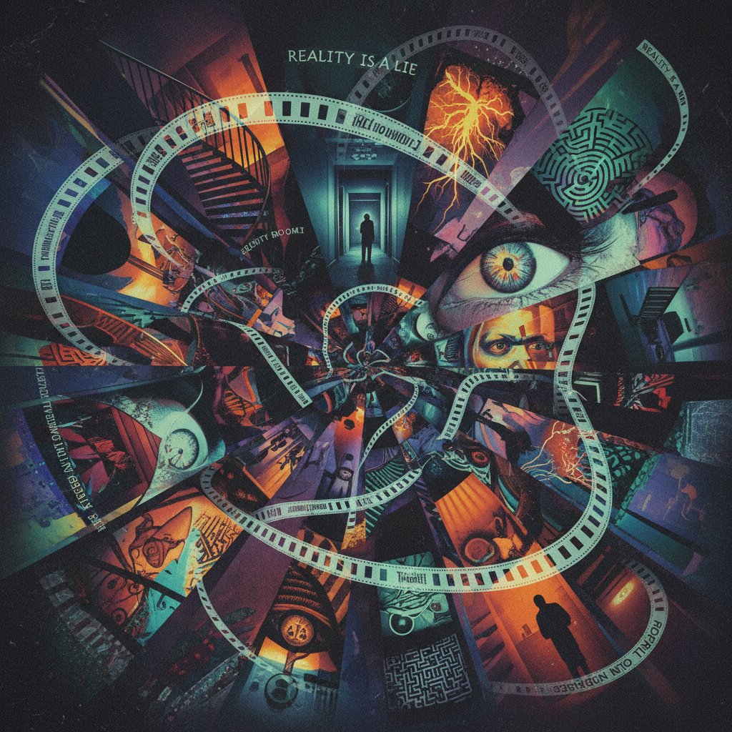 Abstract montage of mind-bending movie symbols, psychological thriller motifs