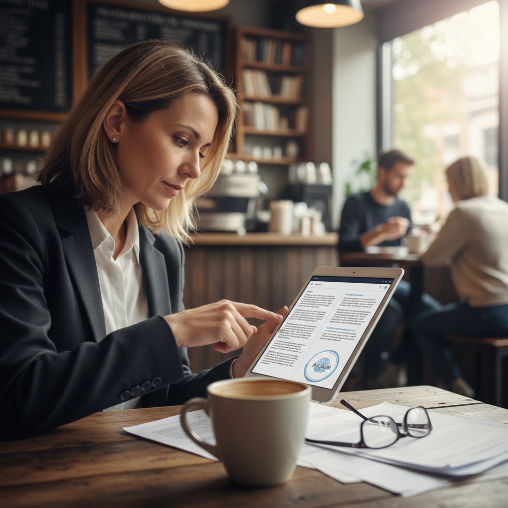 Academic using AI tool on tablet in coffee shop, focused on document summarizer for academic professionals
