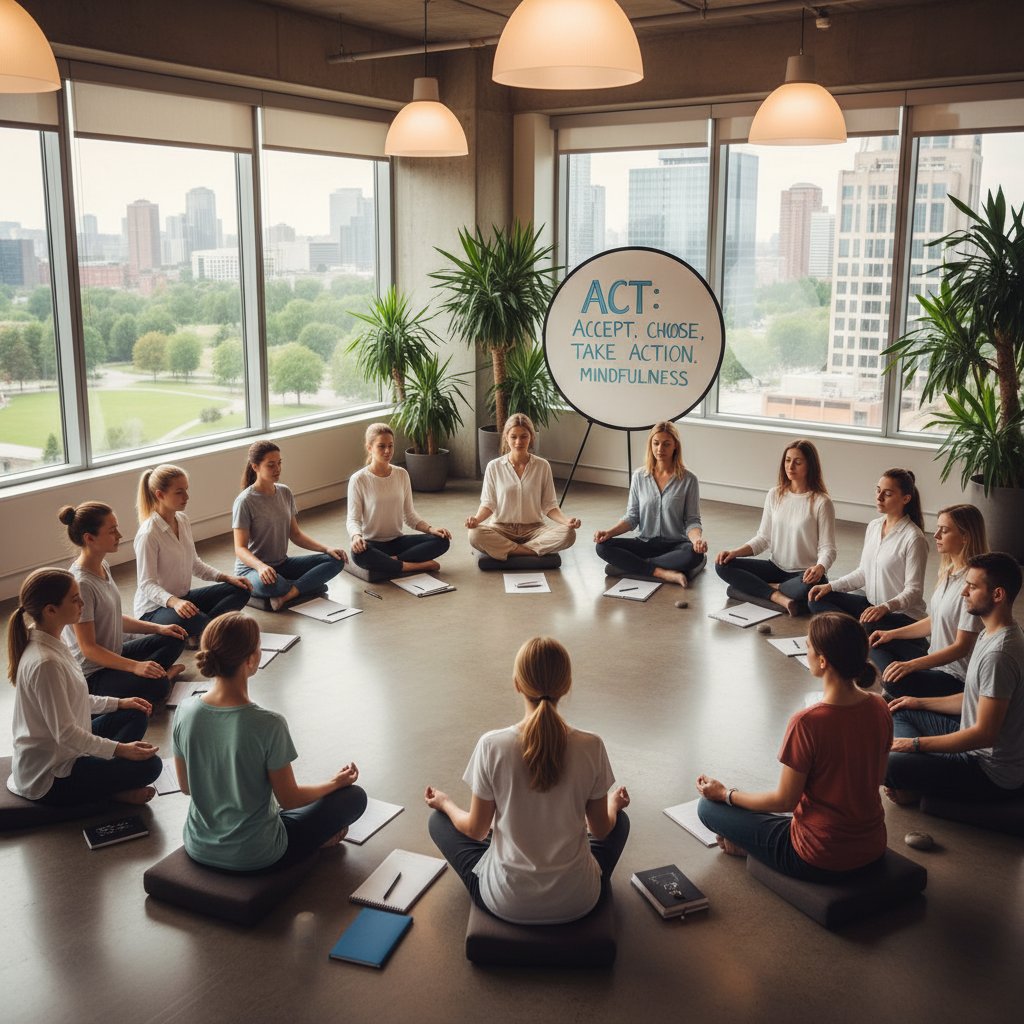 Warsztaty ACT mindfulness w pracy – grupa ludzi wykonujących ćwiczenia uważności