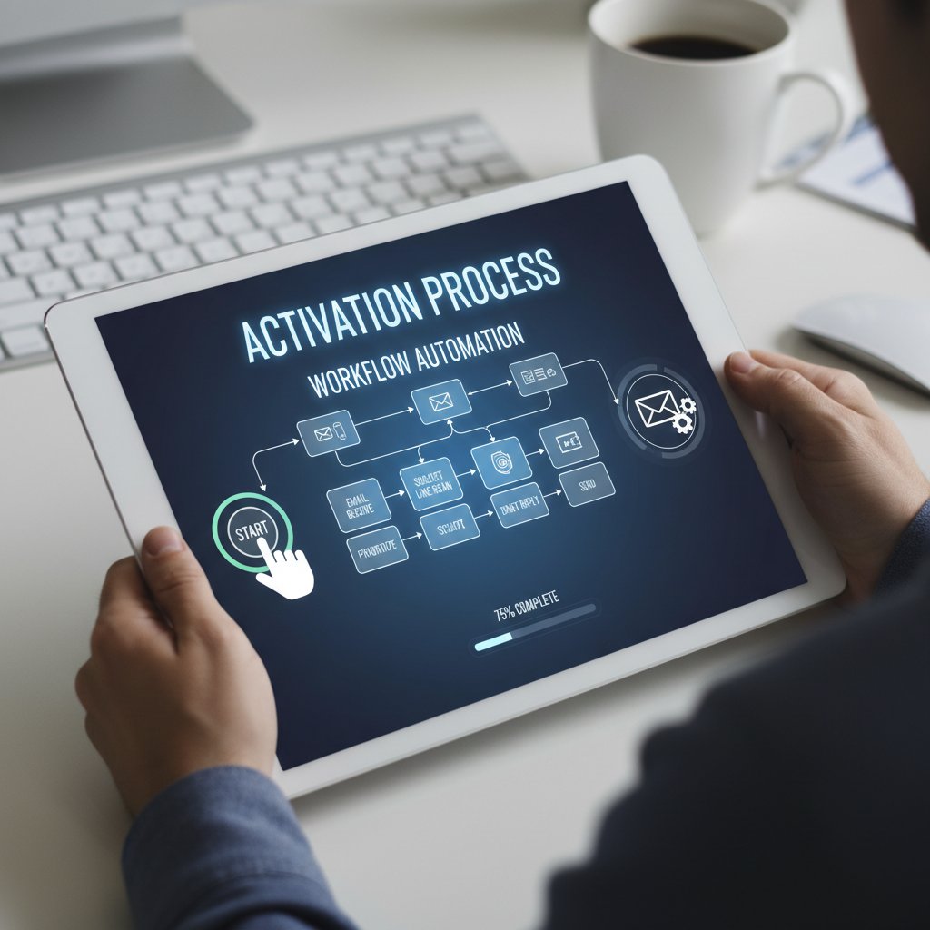 Schematic diagram-style photo of a person using a laptop with various email, calendar, and AI icons floating around, illustrating trial activation process
