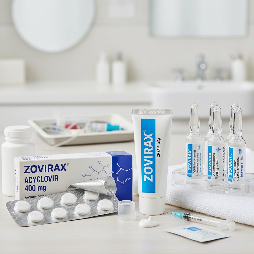 Trzy rodzaje opakowań acyklowiru: tabletki, krem, ampułki