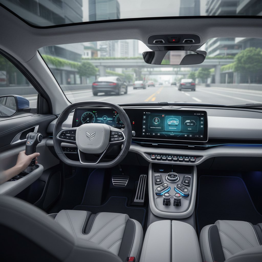 Close-up of futuristic adaptive driving controls in a modern smart car