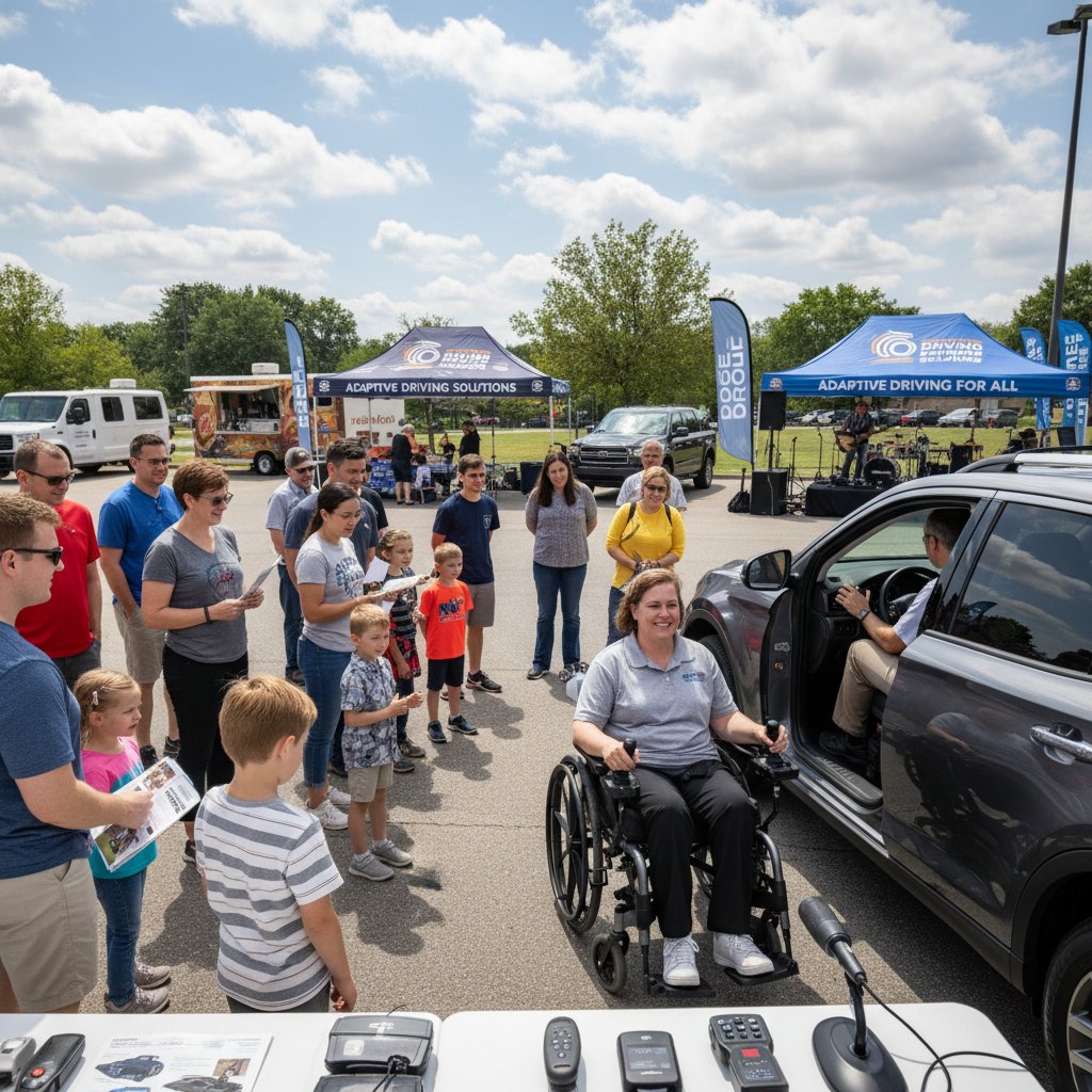 Adaptive driving demonstration at community event, diverse crowd watching
