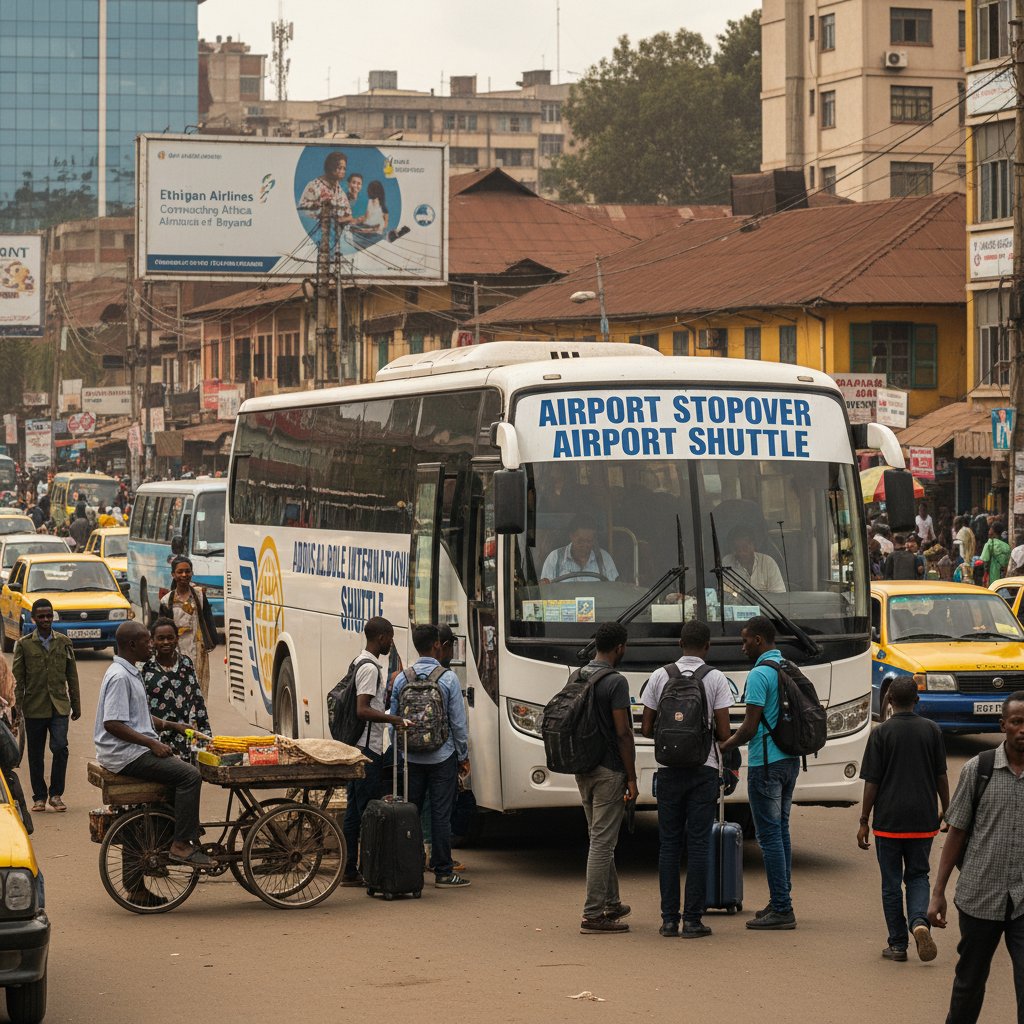 Addis Ababa street life during stopover. Vibrant photo of street scene with local vendors and travelers near airport.