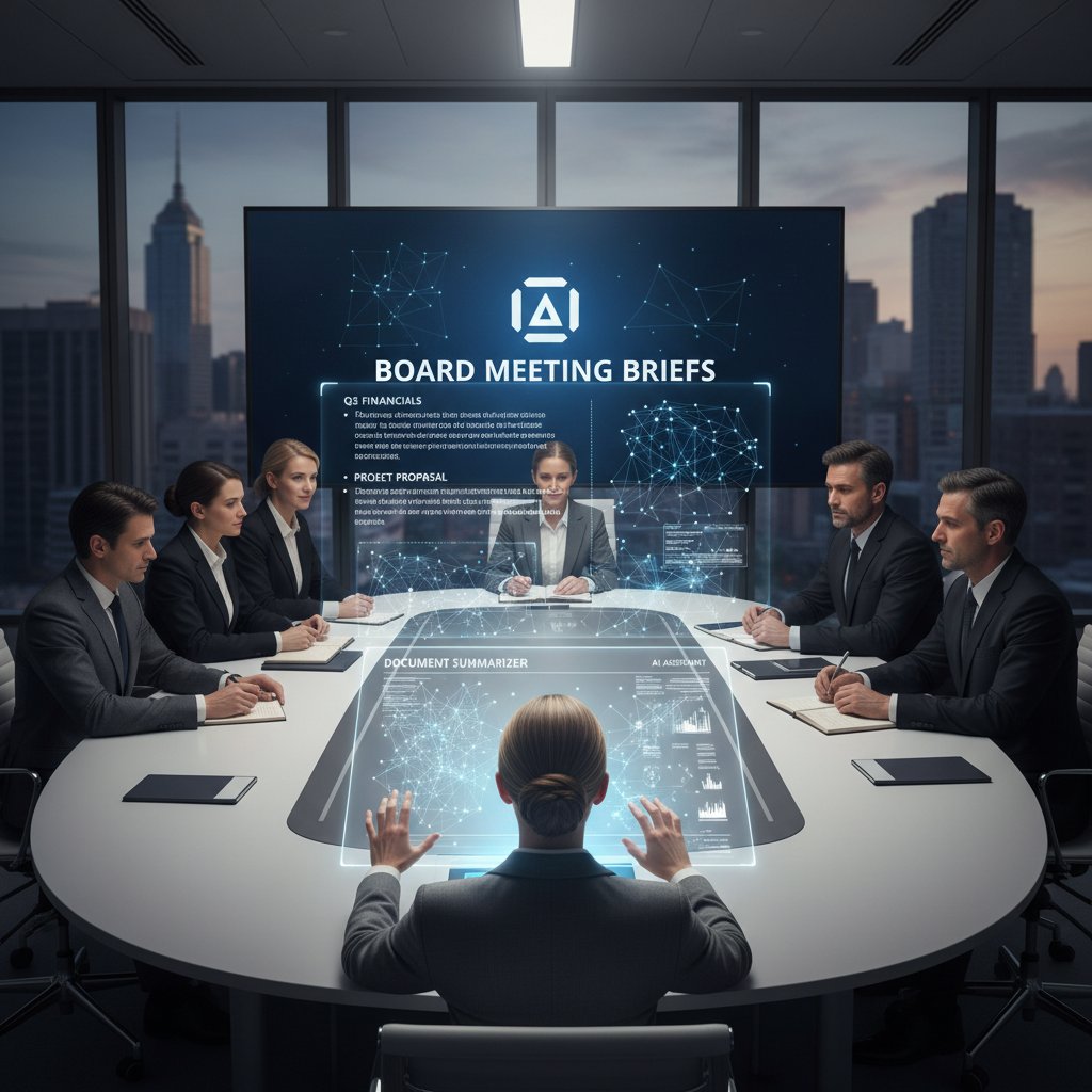 Administrator using AI to generate concise board meeting briefs with document summarizer for academic professionals