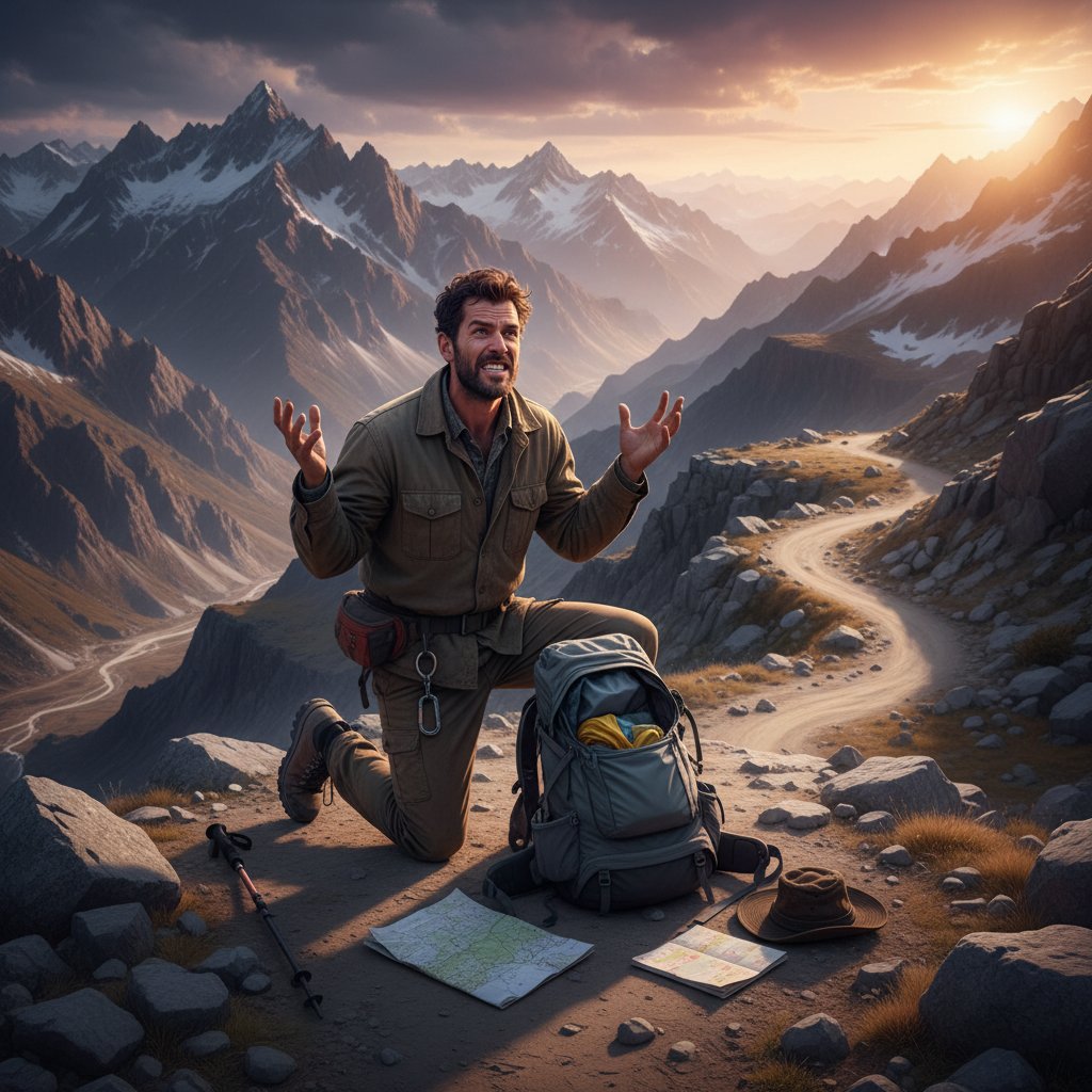 Adventurer with incomplete kit in a remote area, highlighting costly gear mistakes