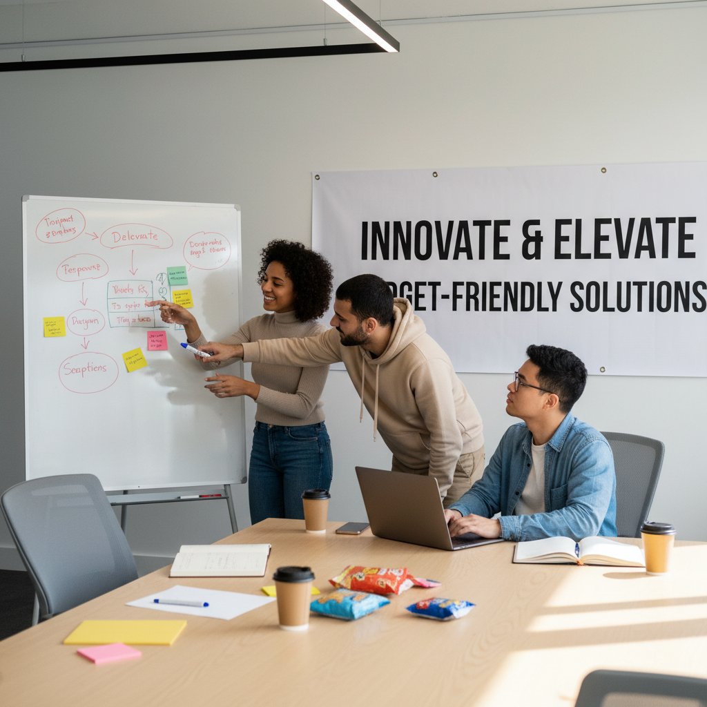 Creative team finding solutions in an affordable support setting, diverse team brainstorming with sticky notes and laptops, affordable--support--brainstorming