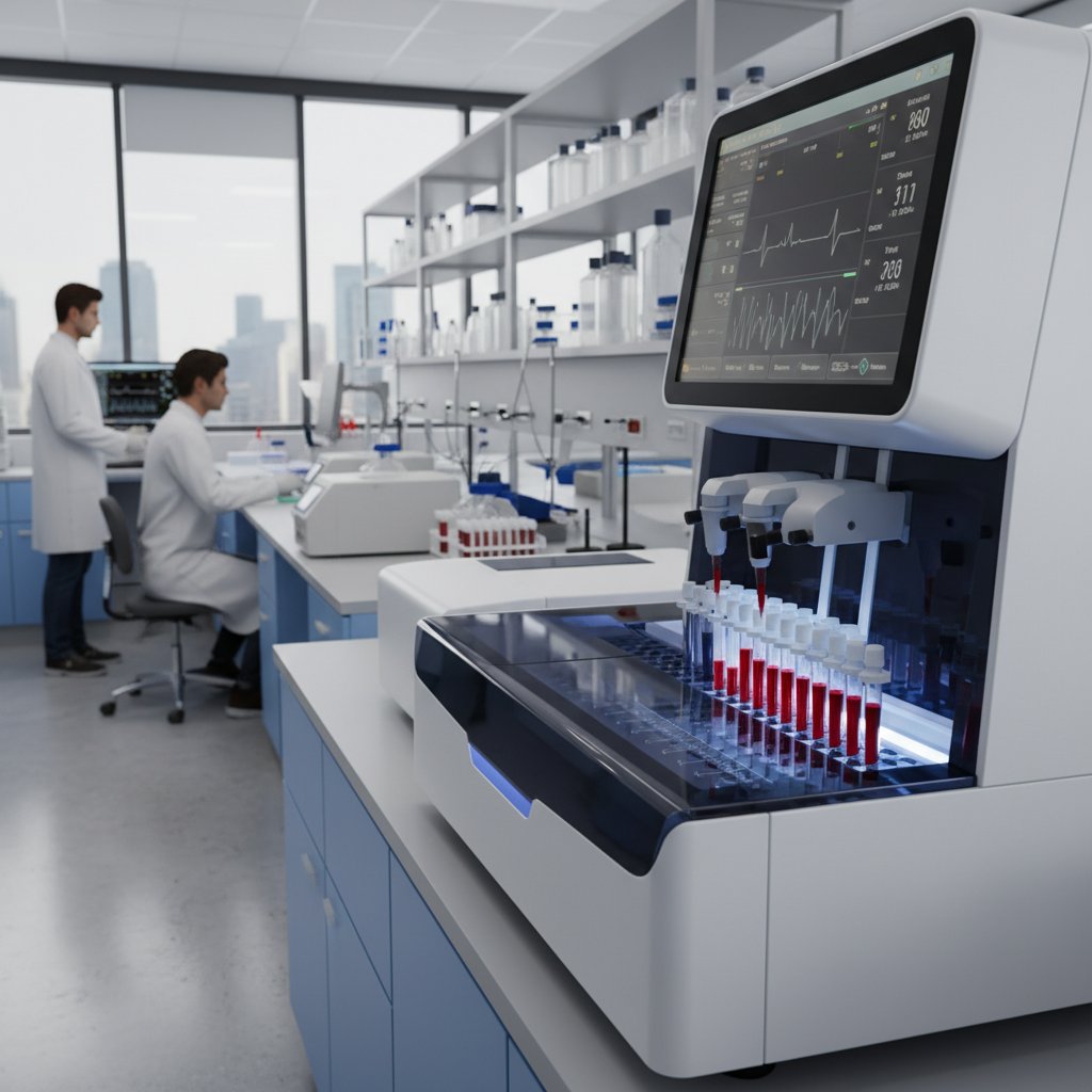 Analiza wyników krwi na ekranie komputera przez AI w nowoczesnym laboratorium
