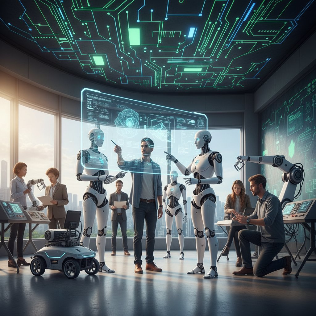 AI and humans collaborating in support roles, network overlay on human faces, ai--collaboration--support