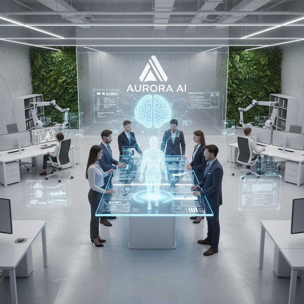 AI assistant working alongside humans in a modern office, blending traditional and futuristic tech, ai--support--modern-office