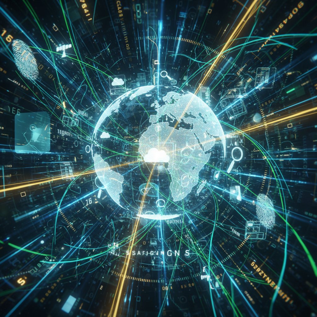 Abstract visualization of AI thinking in flight search, blending human and digital elements to represent smart search engines