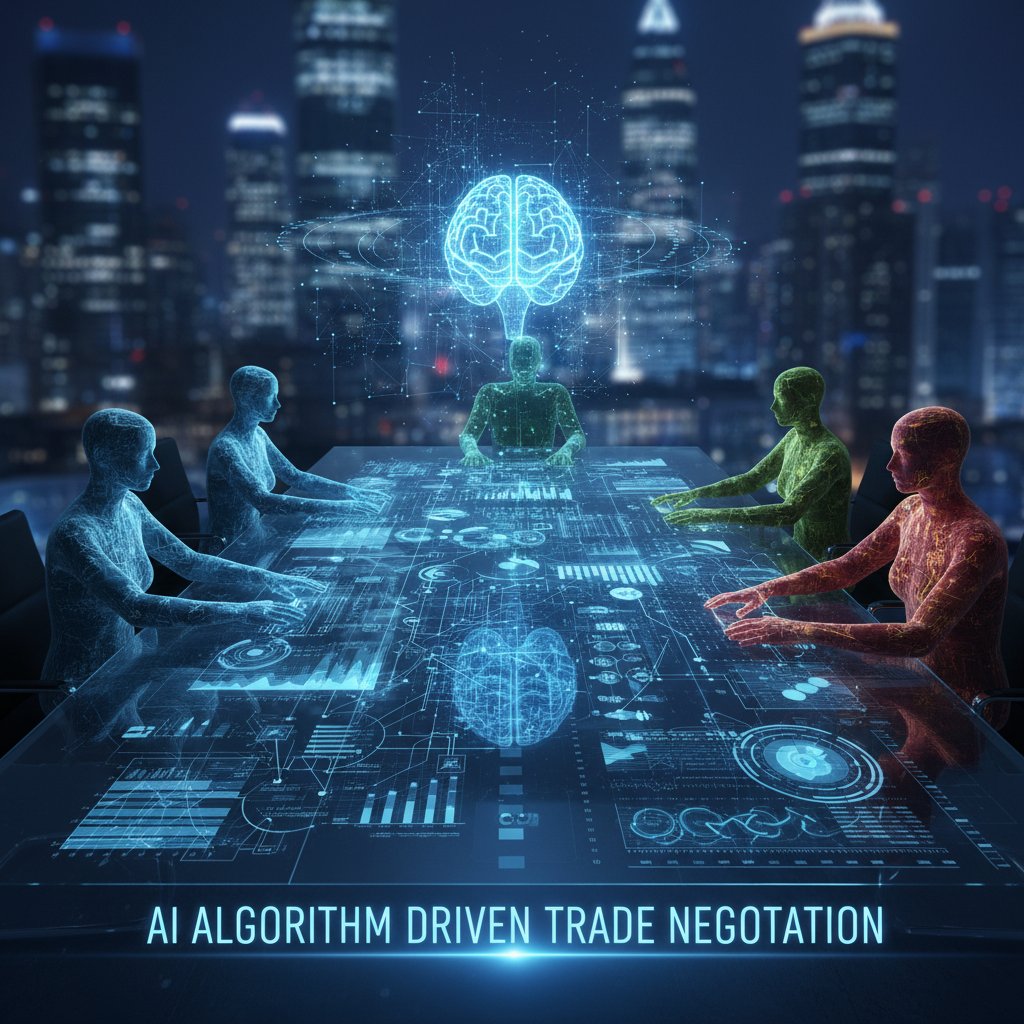 AI algorithm visual overlaying negotiation table, data-driven trade strategy in action