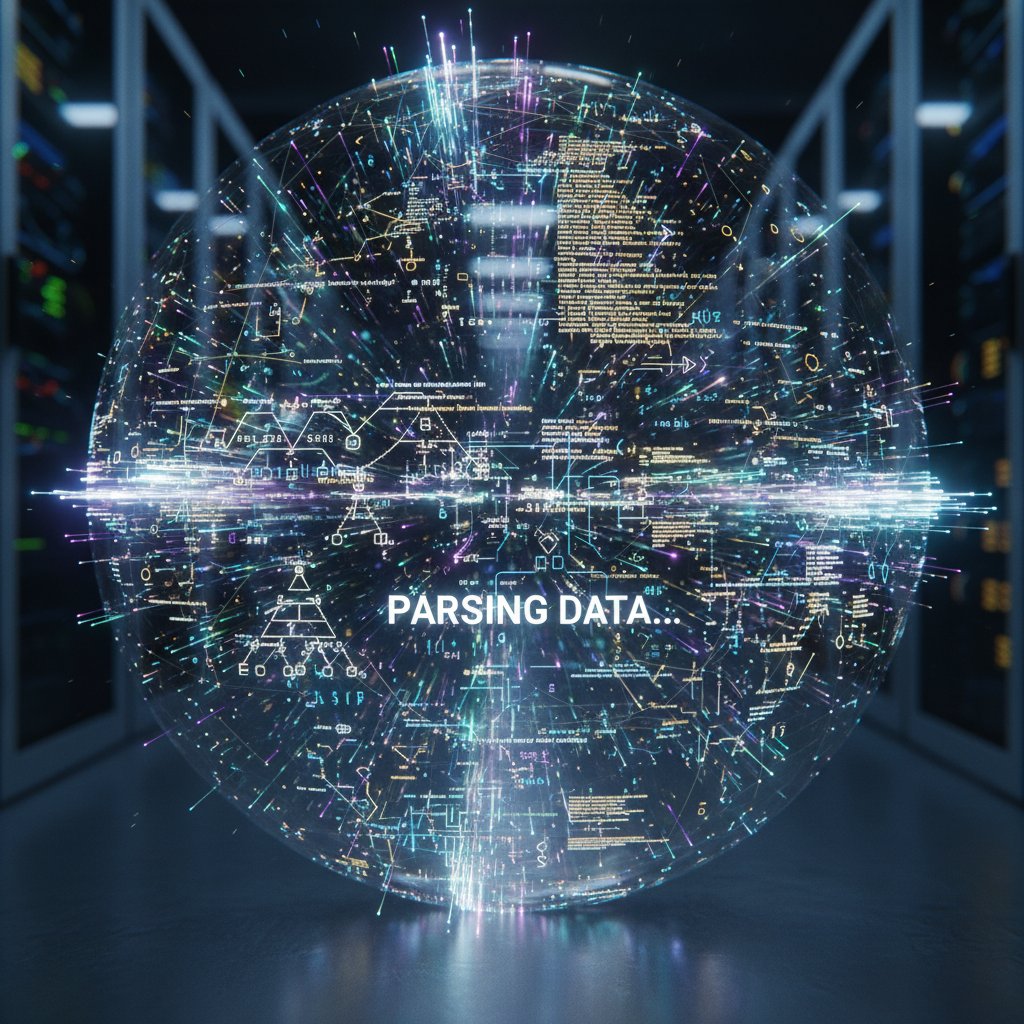 Cinematic image visualizing AI algorithm as a glowing neural network parsing text, emphasizing advanced document analysis