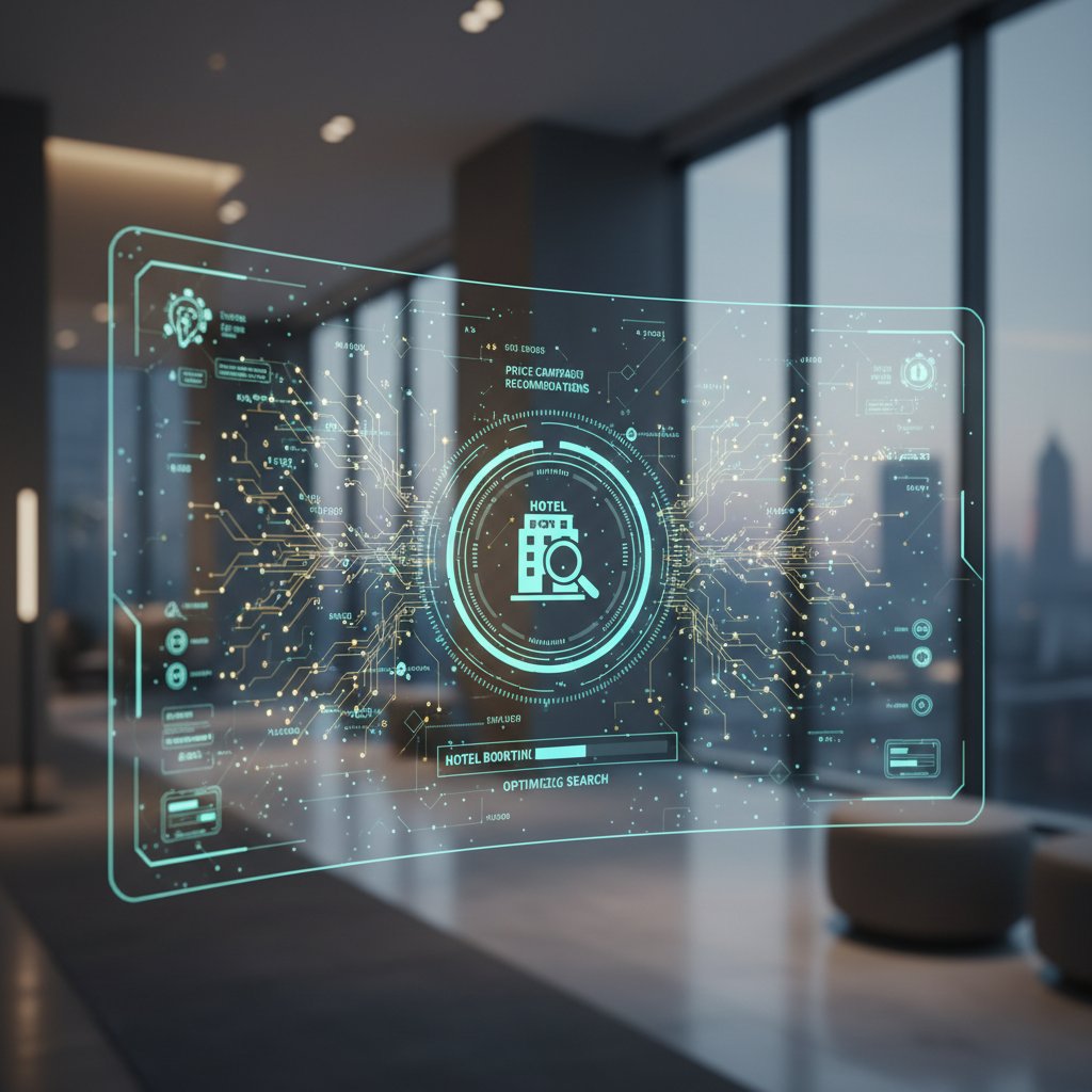 AI algorithm visual on screen, hotel booking engine in action
