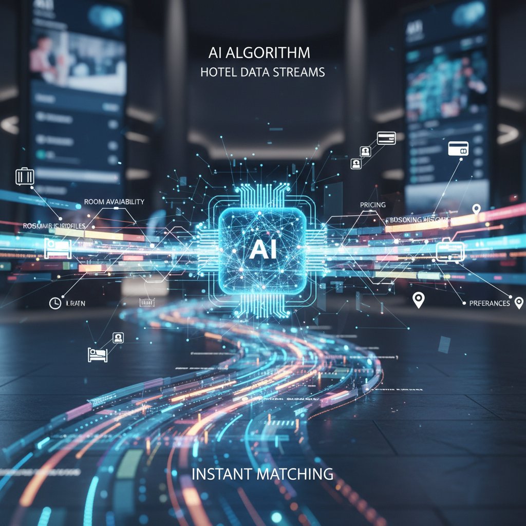 Abstract futuristic AI algorithm visual, hotel data streams, instant search results, urban night, real-time hotel matching